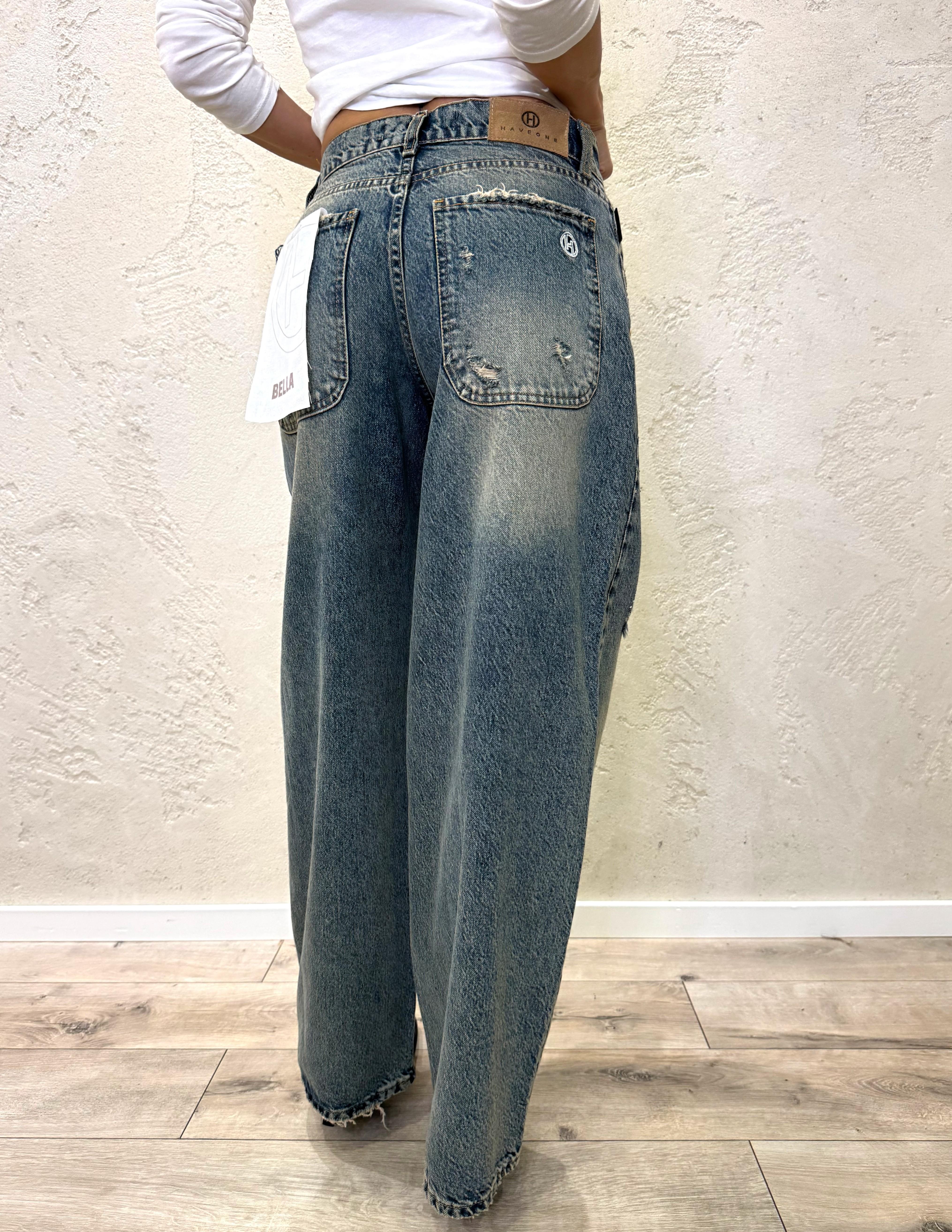 jeans modello bella gamba dritta con strass in vita PLS-P010 THE HAVEONE 