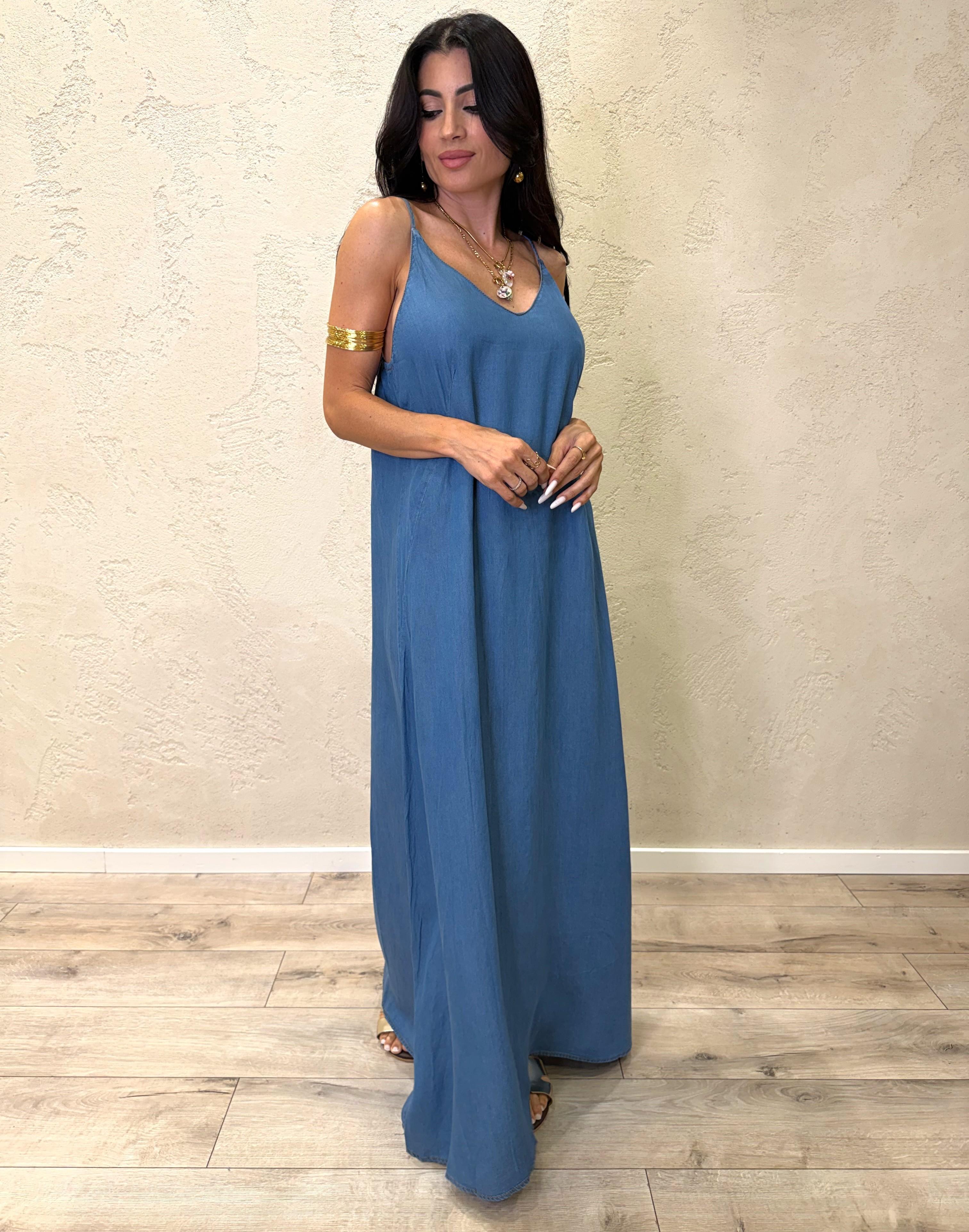 abito lungo "marea" in tela chambray ABT-MAREA DENIM BLU ELEVI 