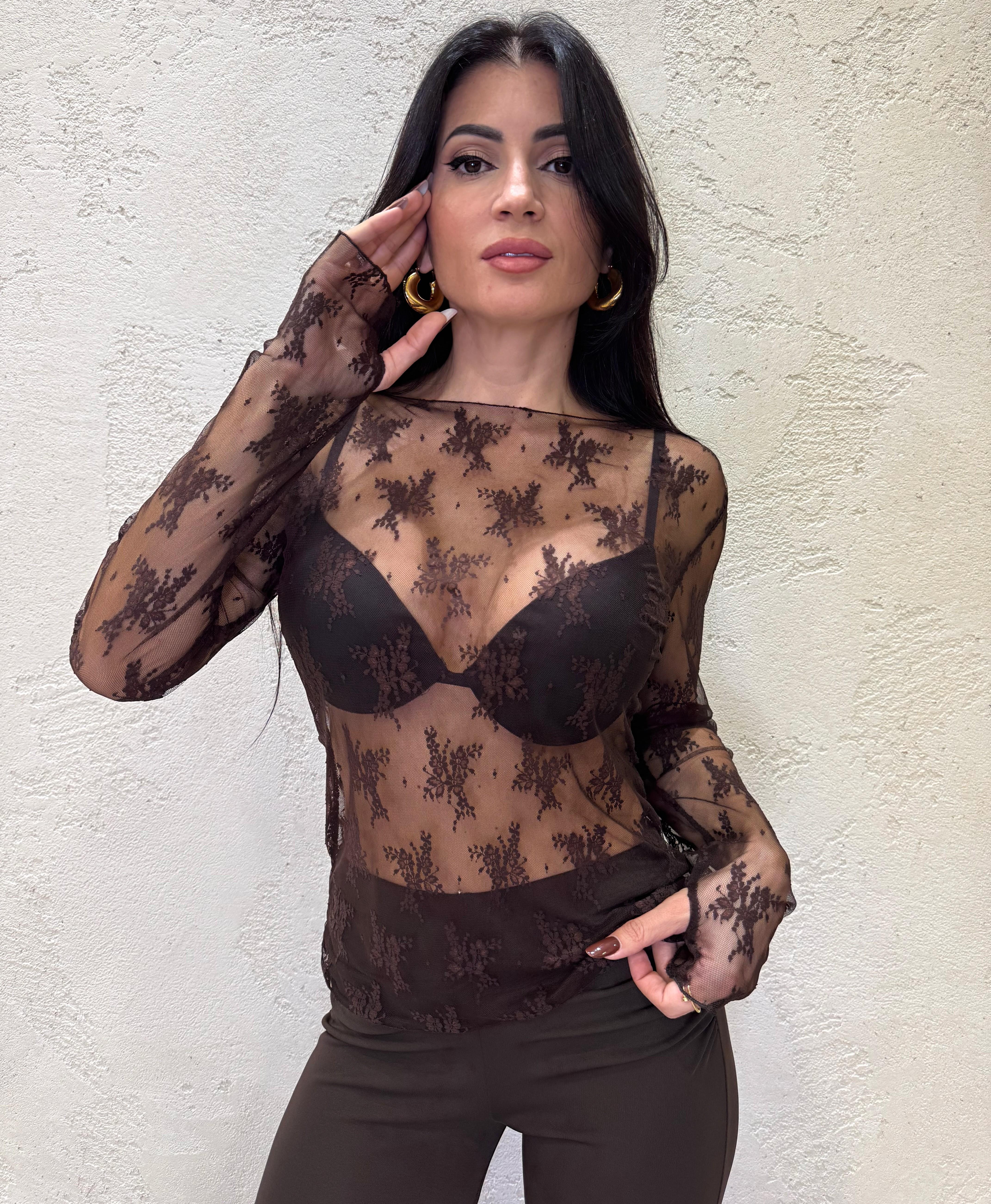 blusa in pizzo con manicotti 10997 MORO SUSY MIX 