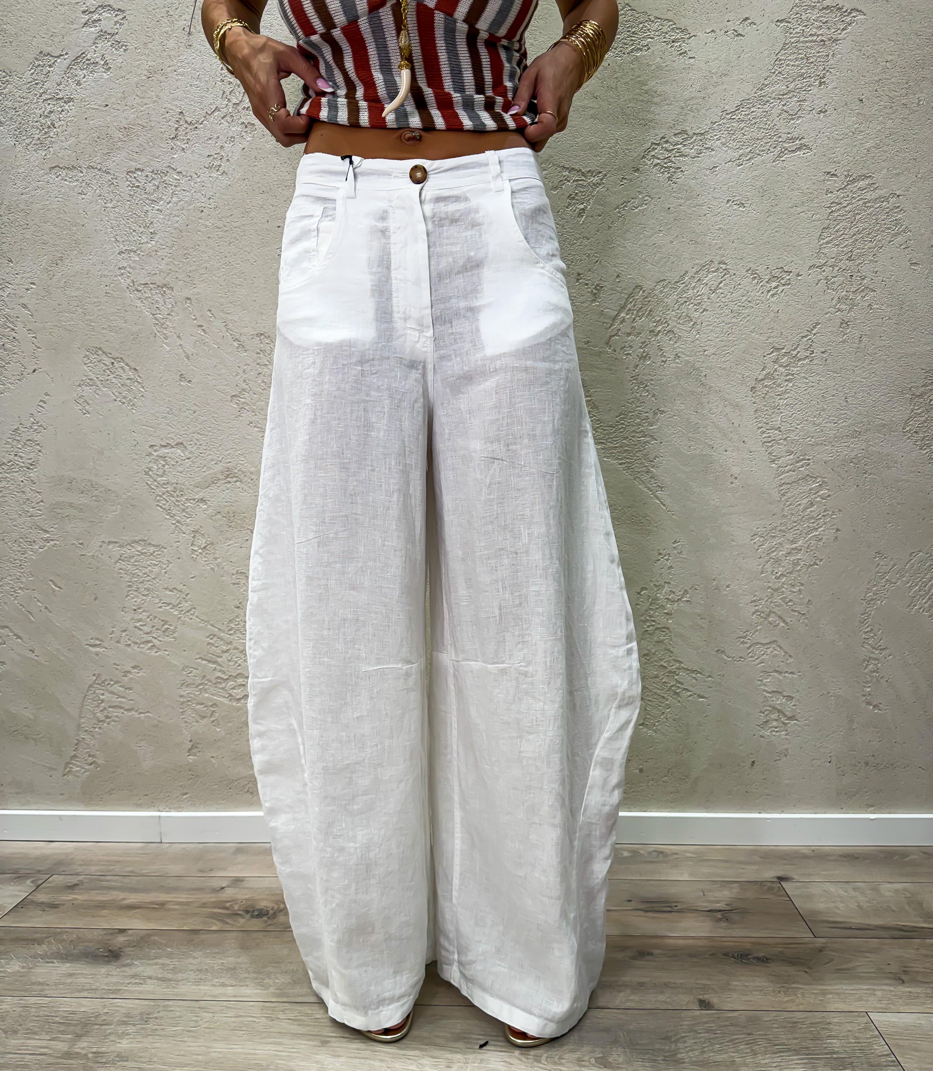 pantalone in puro lino modello luvre barrel fit S26PE64 BIANCO TENSIONE IN 