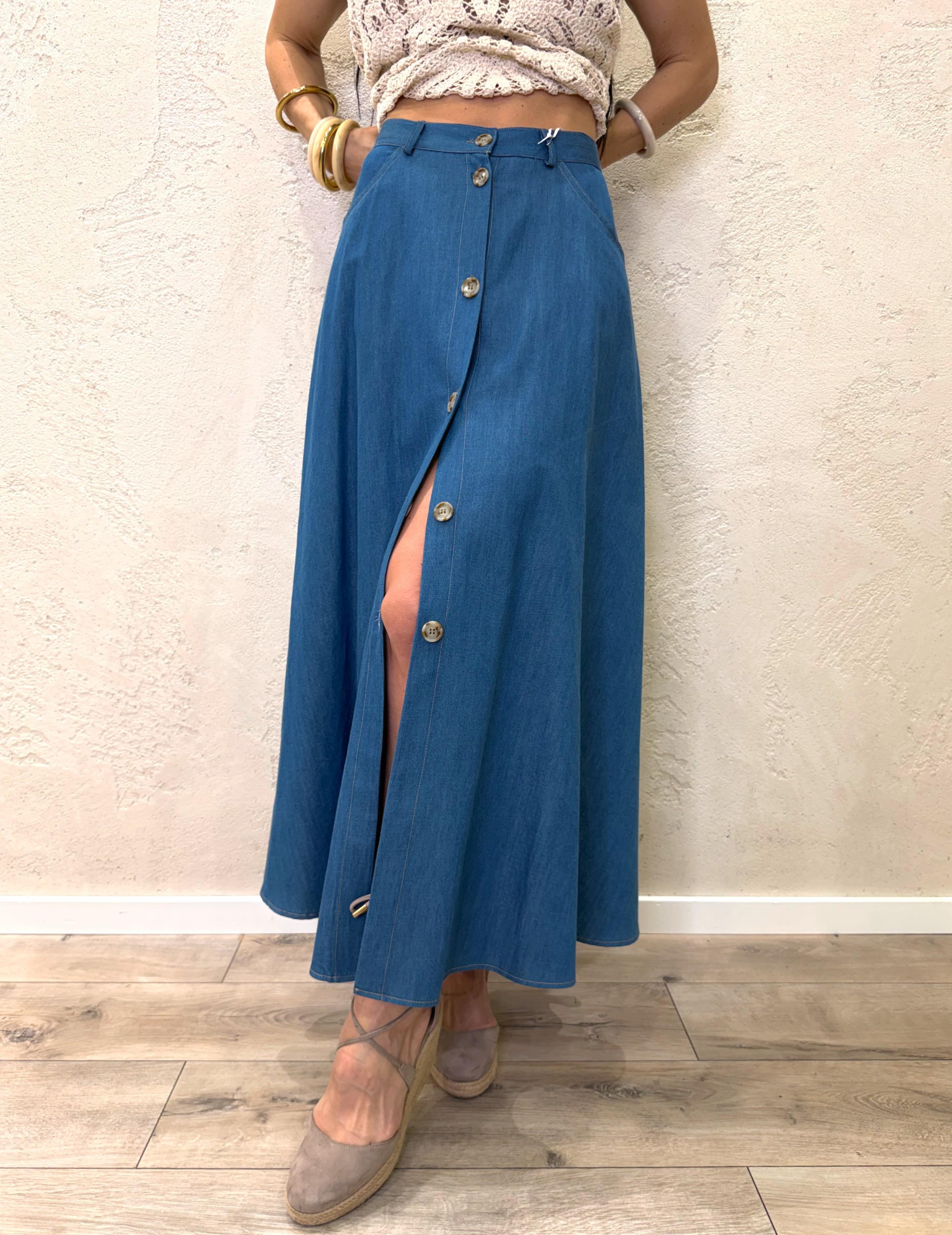 gonna midi in tela chambray con bottoni G9990041V DENIM BLU IMPERIAL 