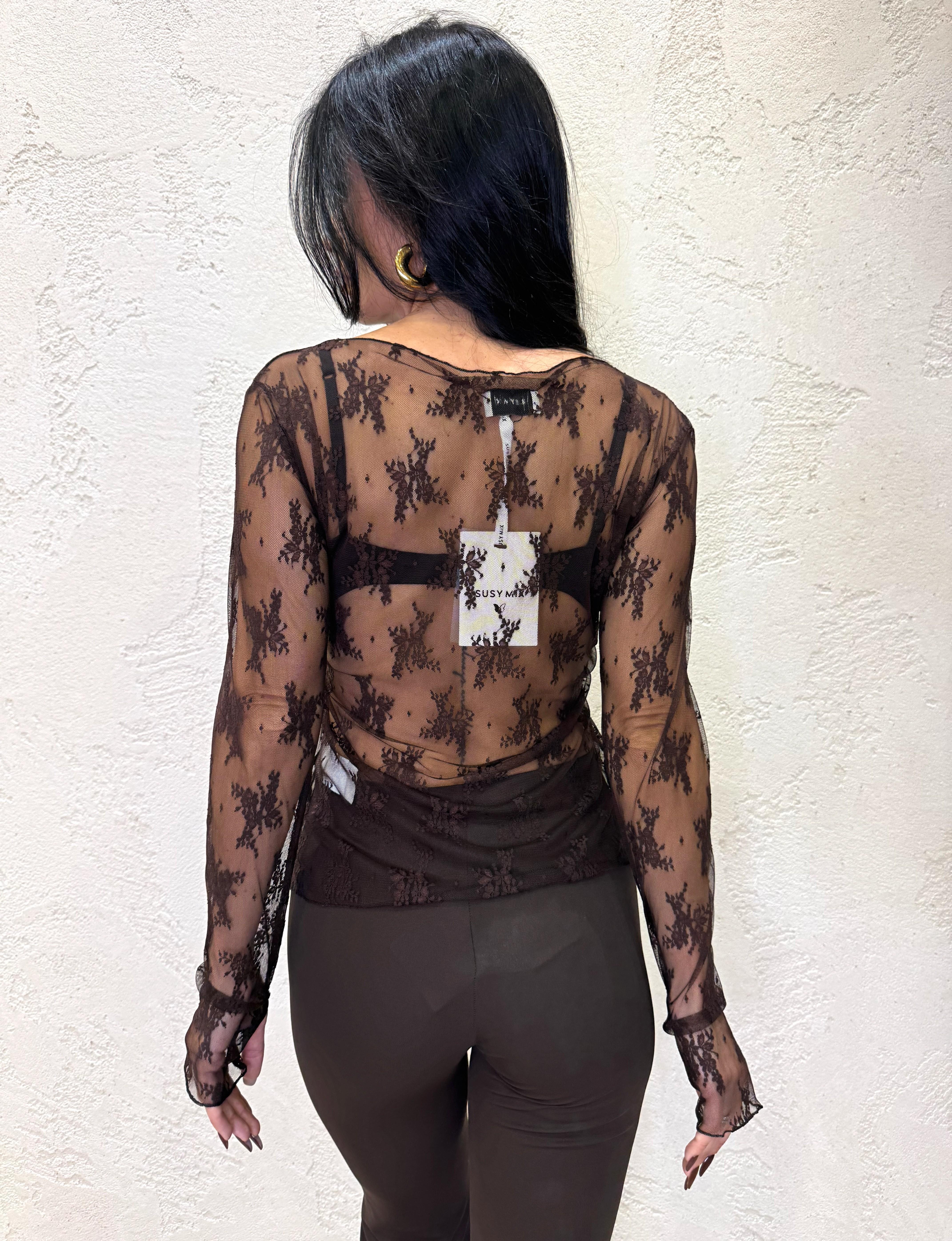 blusa in pizzo con manicotti 10997 MORO SUSY MIX 