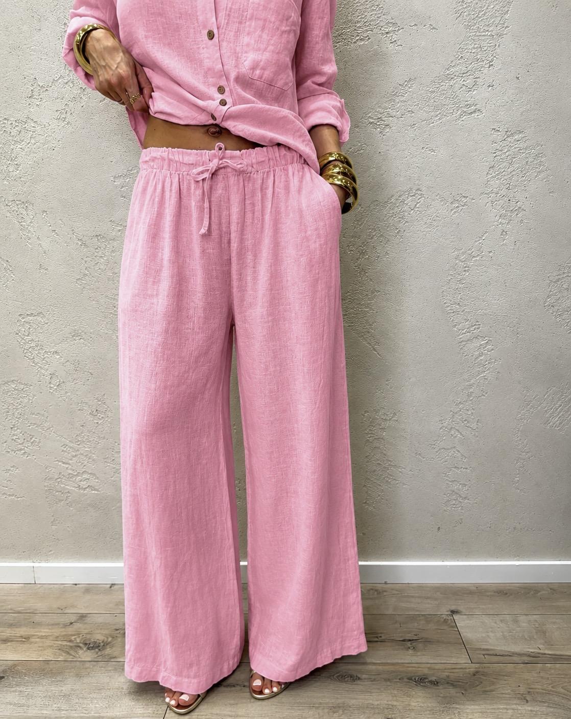 pantalone "ARIA" a palazzo in 100% lino H5944 ROSA ELEVI 