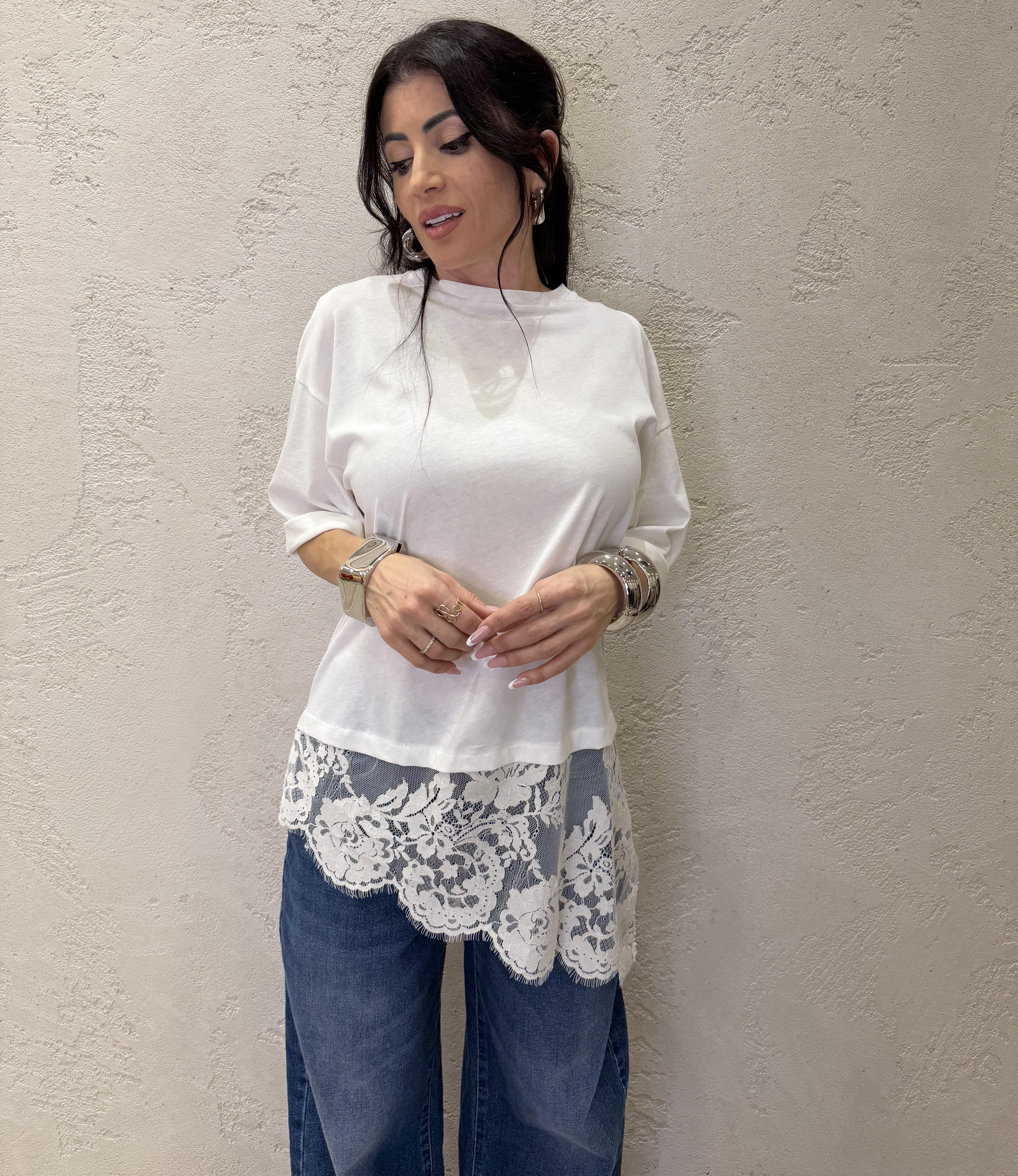 t-shirt ampia con inserto in pizzo S26M665 NATURALE TENSIONE IN 