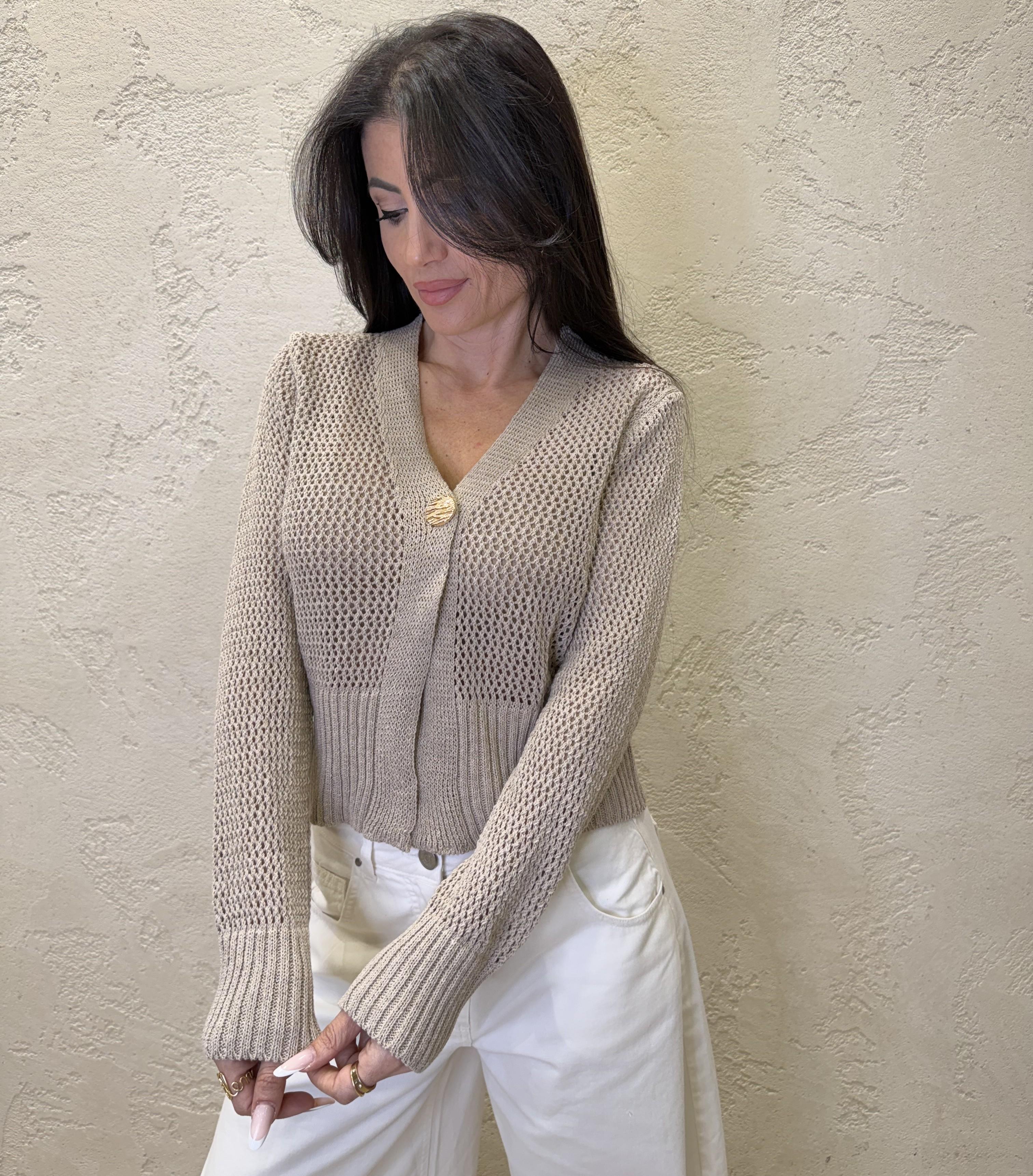 cardigan in maglia traforato con bottone singolo 26216 CORDA SUSY MIX 