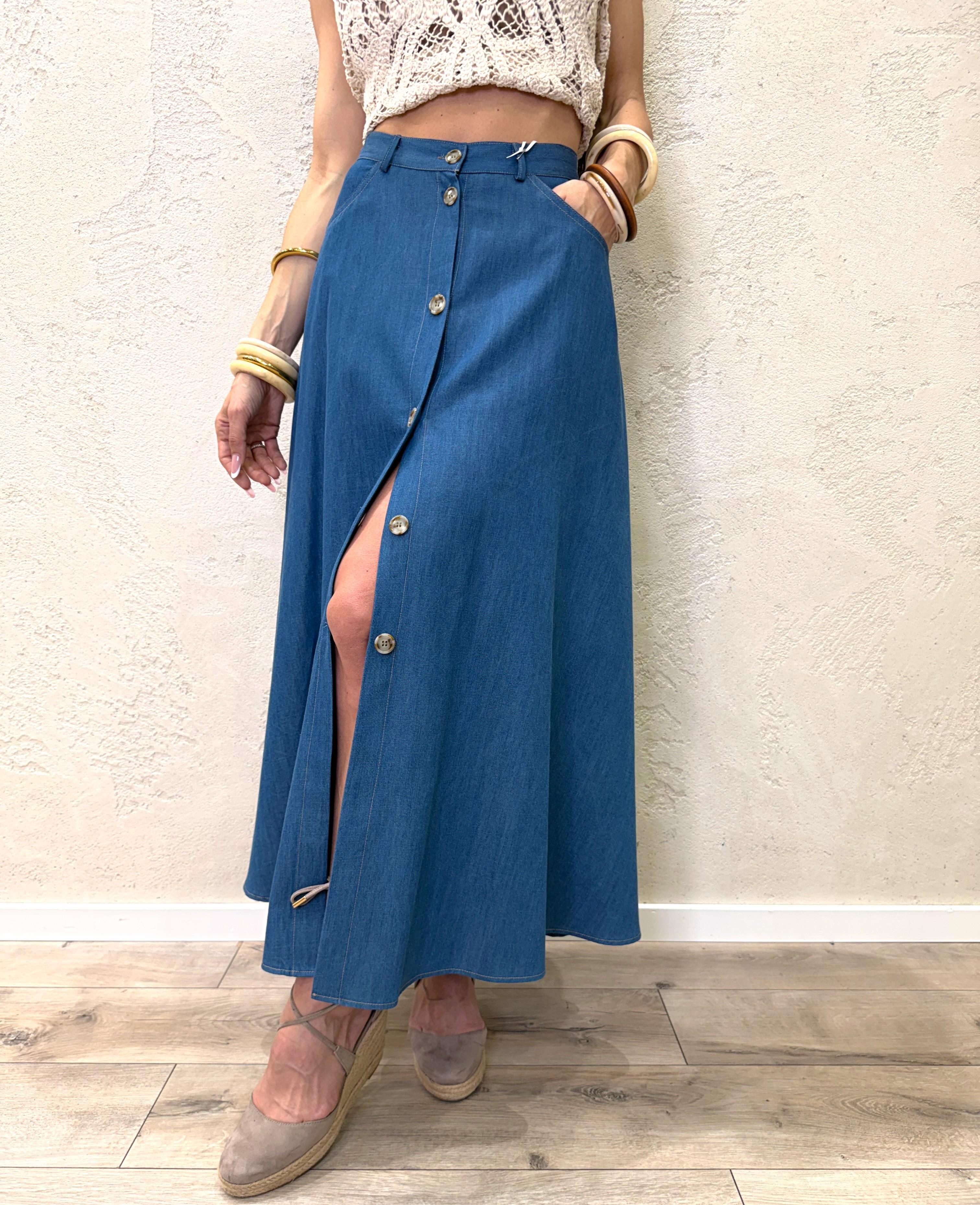 gonna midi in tela chambray con bottoni G9990041V DENIM BLU IMPERIAL 