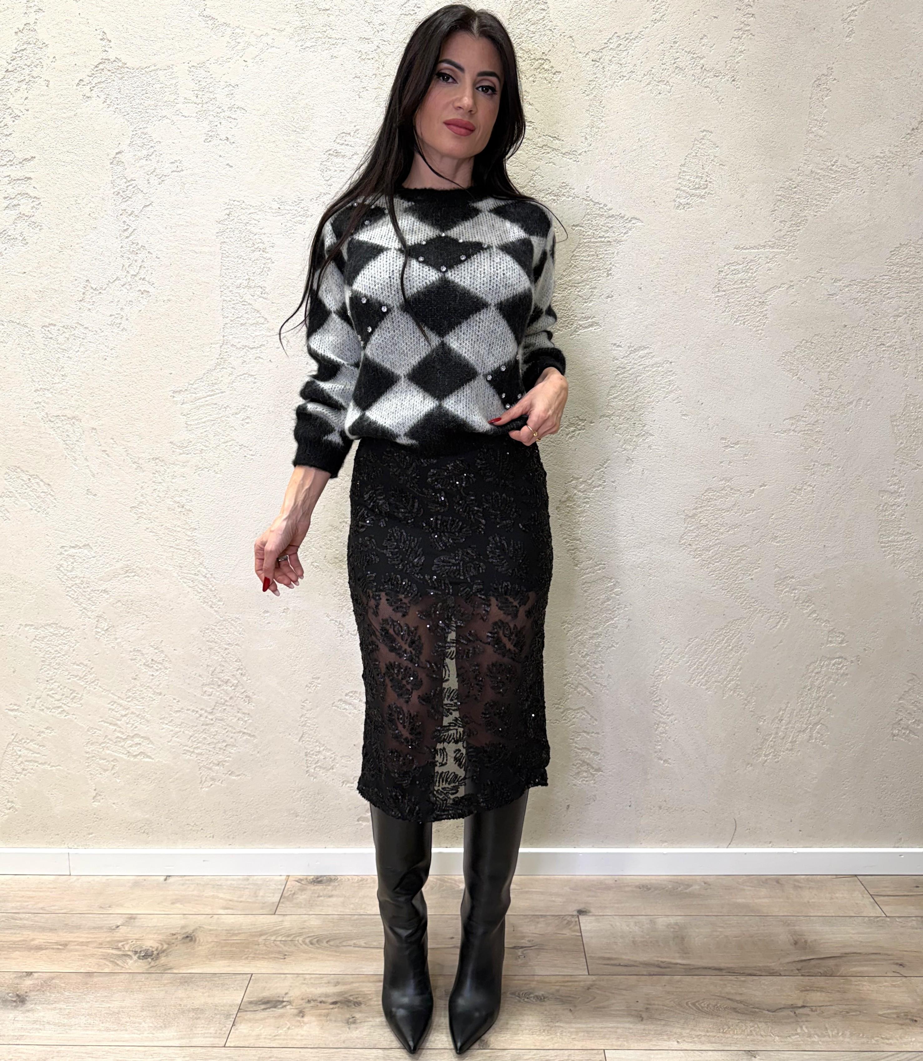 gonna midi in tulle con paillettes W25GC06 NERO TENSIONE IN 