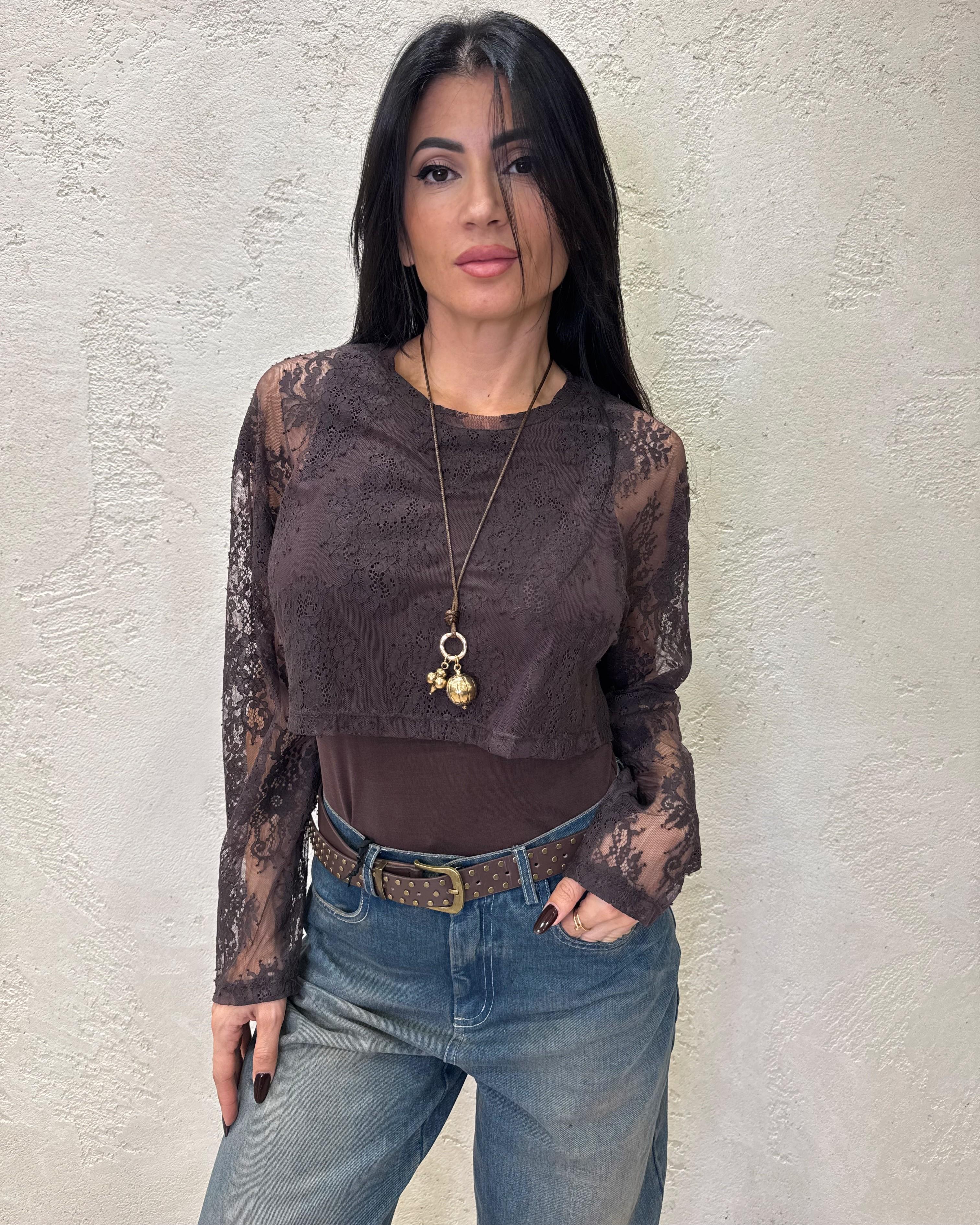 t-shirt in pizzo con body incorporato BMA-P015 MORO HAVEONE 