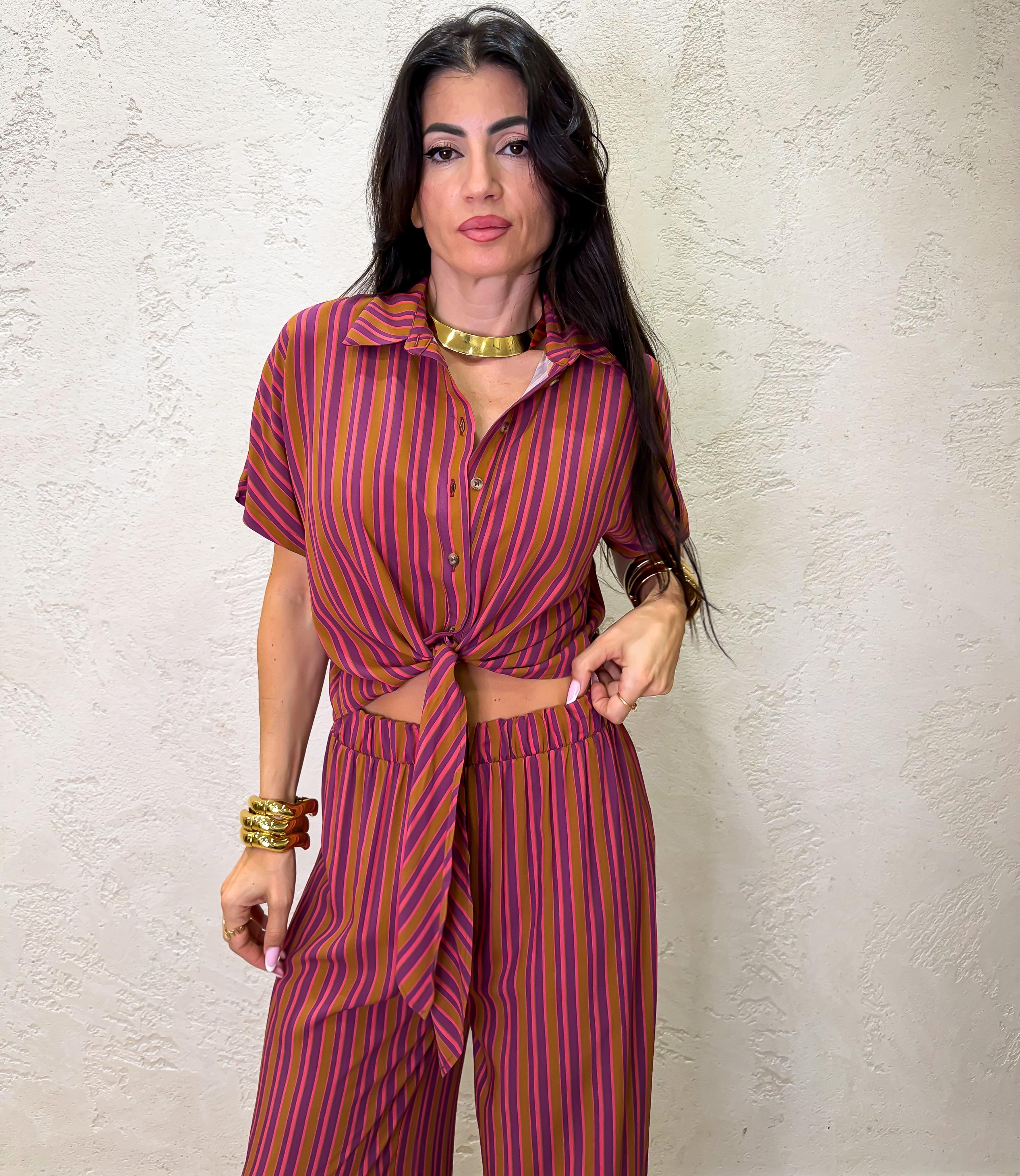 camicia con nodo in 100% viscosa fantasia a righe CIA-Q439 ROSA/BRUCIATO HAVEONE 