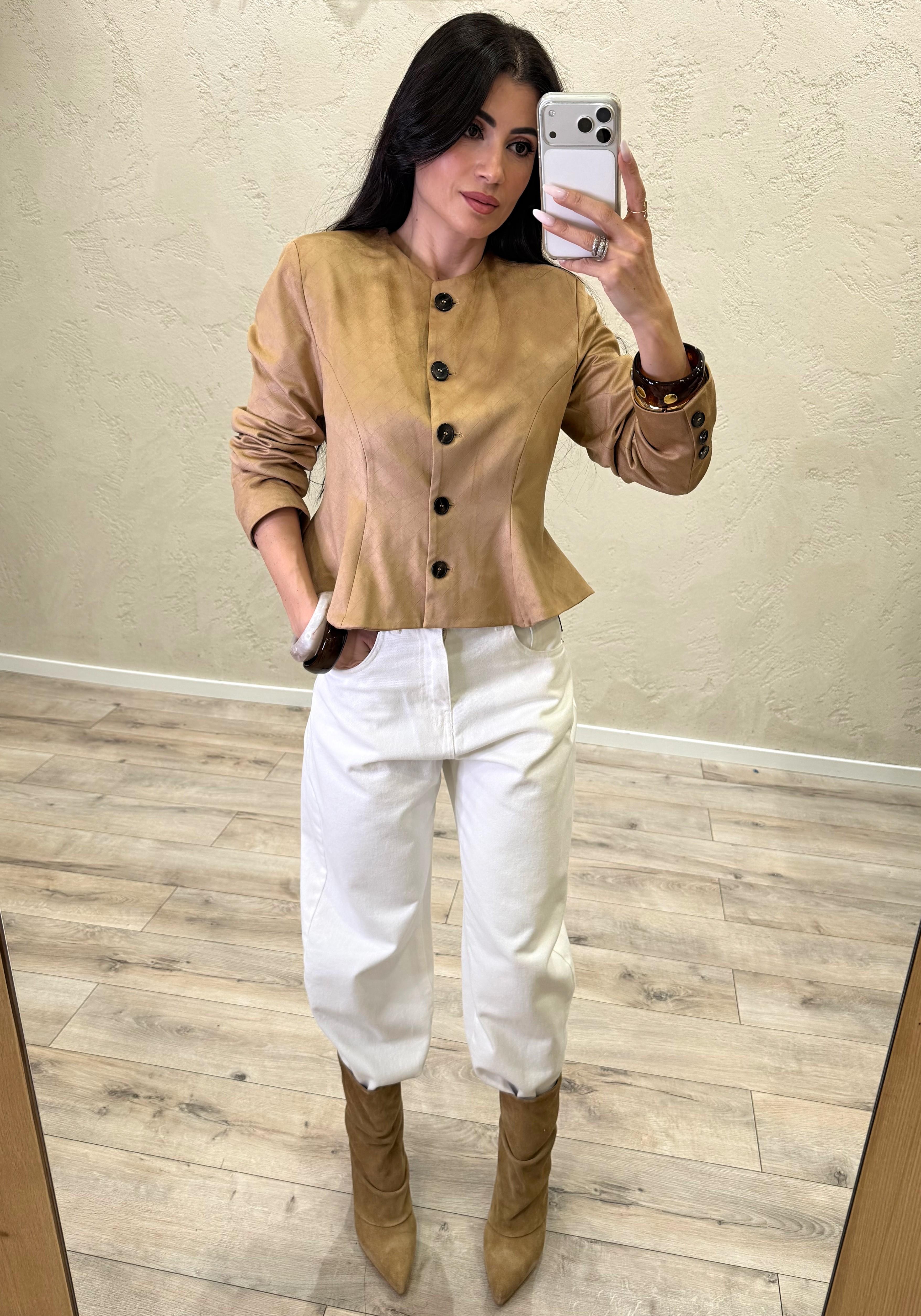 giacca intreccio scamosciata con collo rotondo leggermente svasata 26B4395 BEIGE TENSIONE IN 