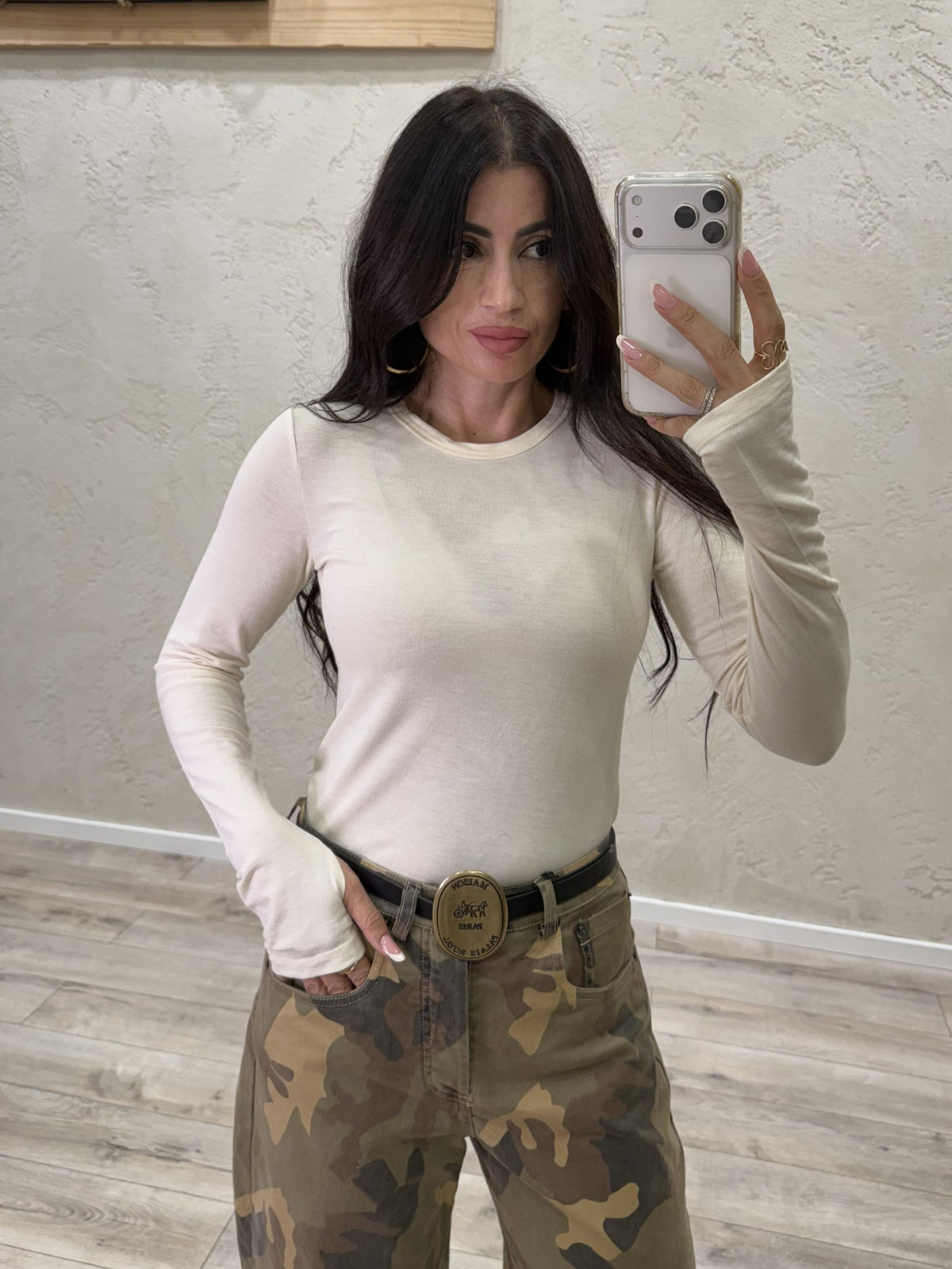 Maglia girocollo in misto lana con manicotto