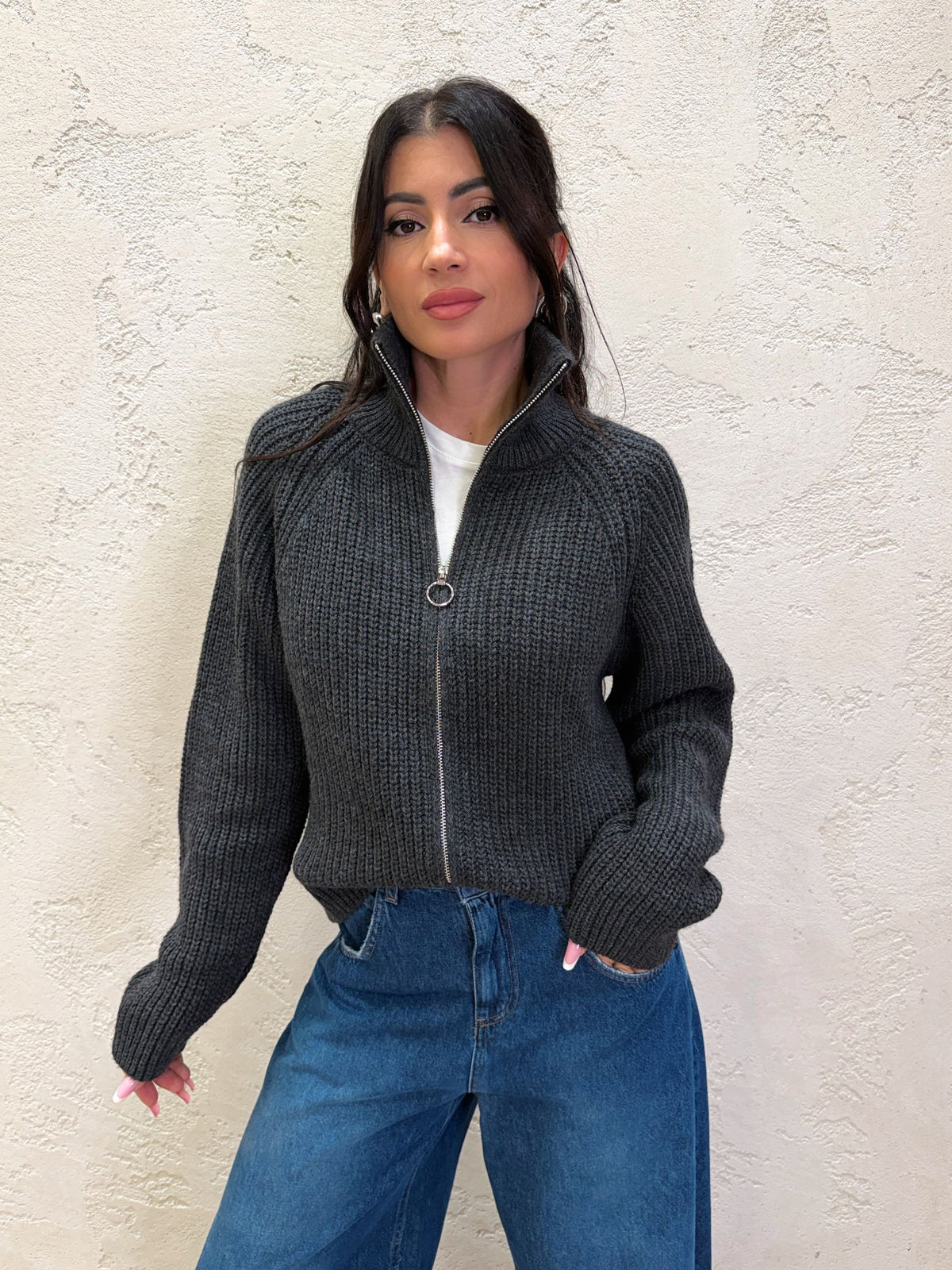 Cardigan in misto lana e alpaca con zip