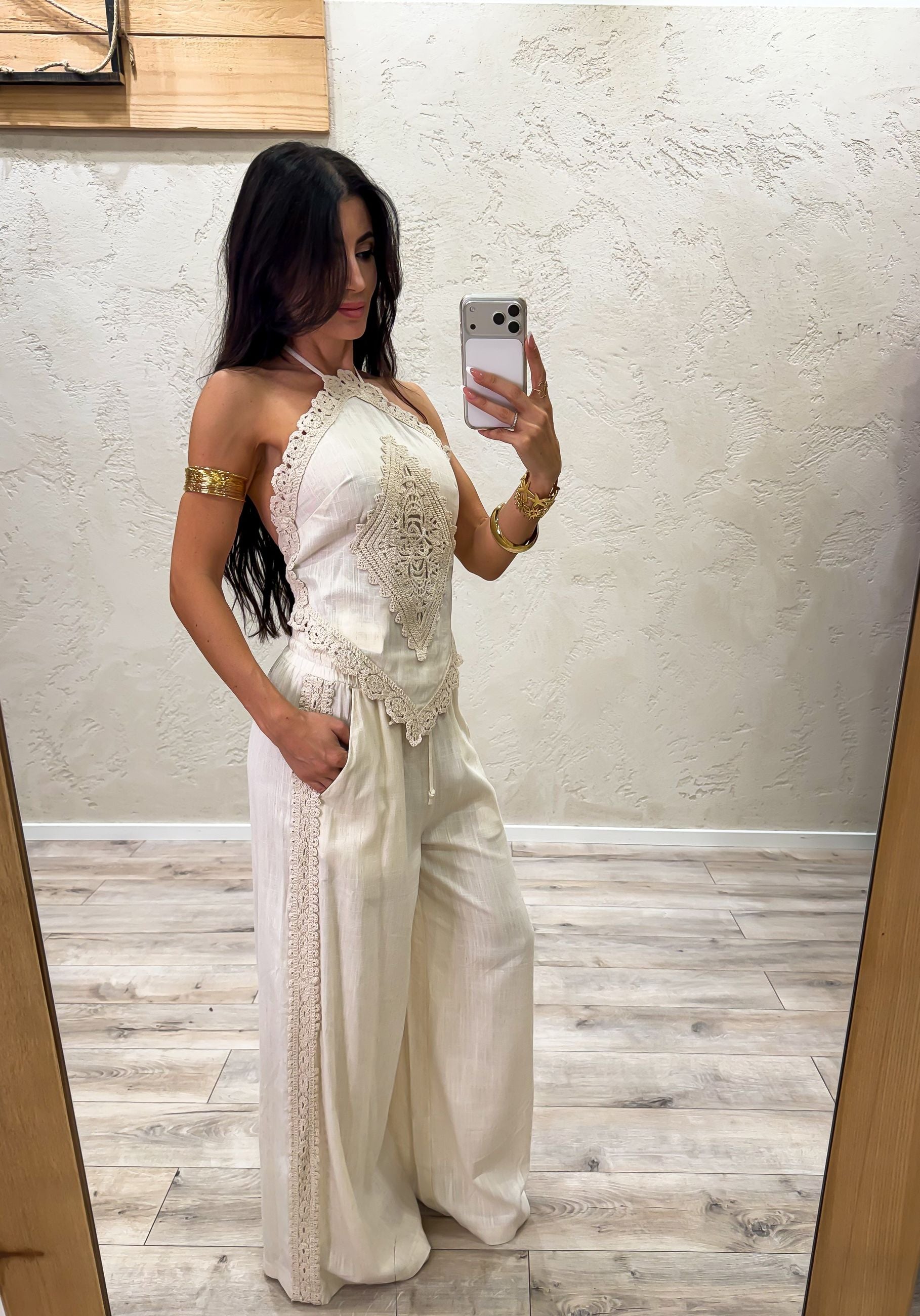 pantalone "positano" a palazzo in misto lino con inserti crochet