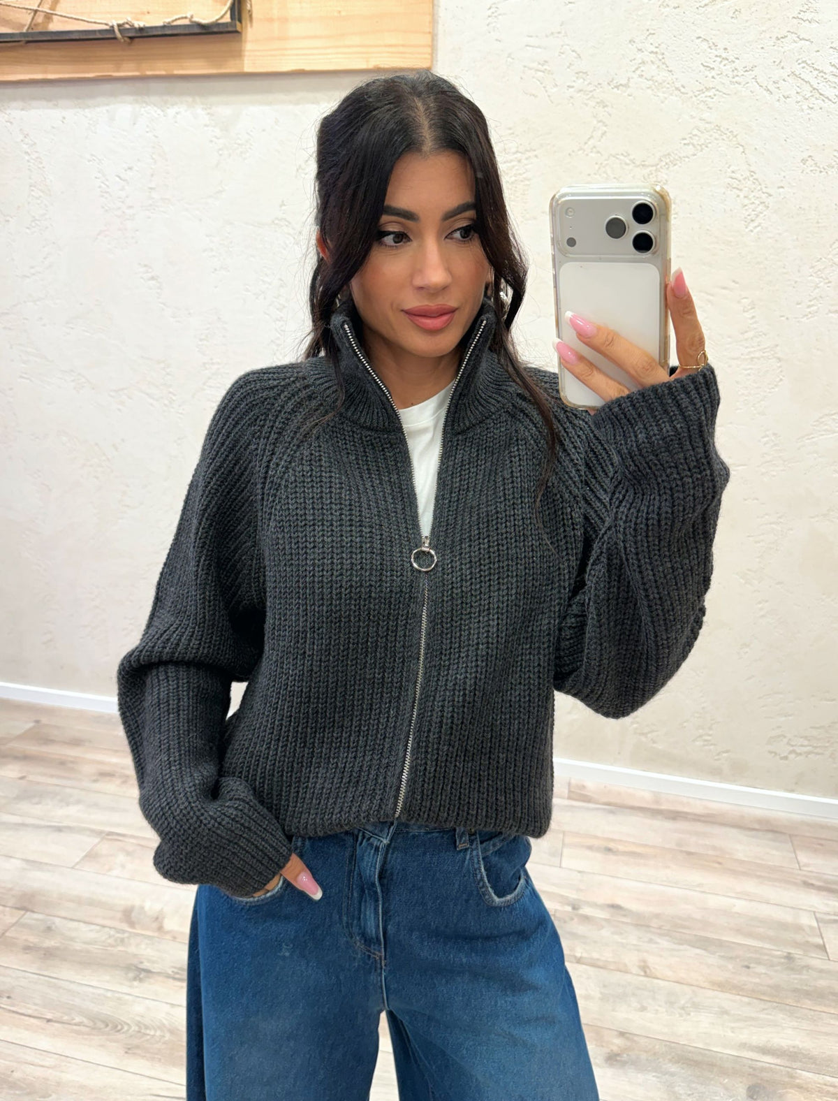 Cardigan in misto lana e alpaca con zip
